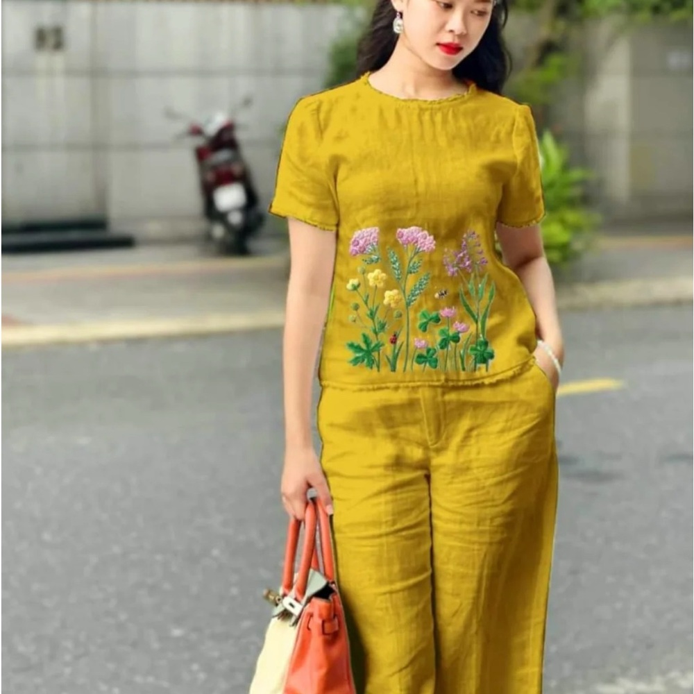 Mustard  Floral Embroidered Pantsuit